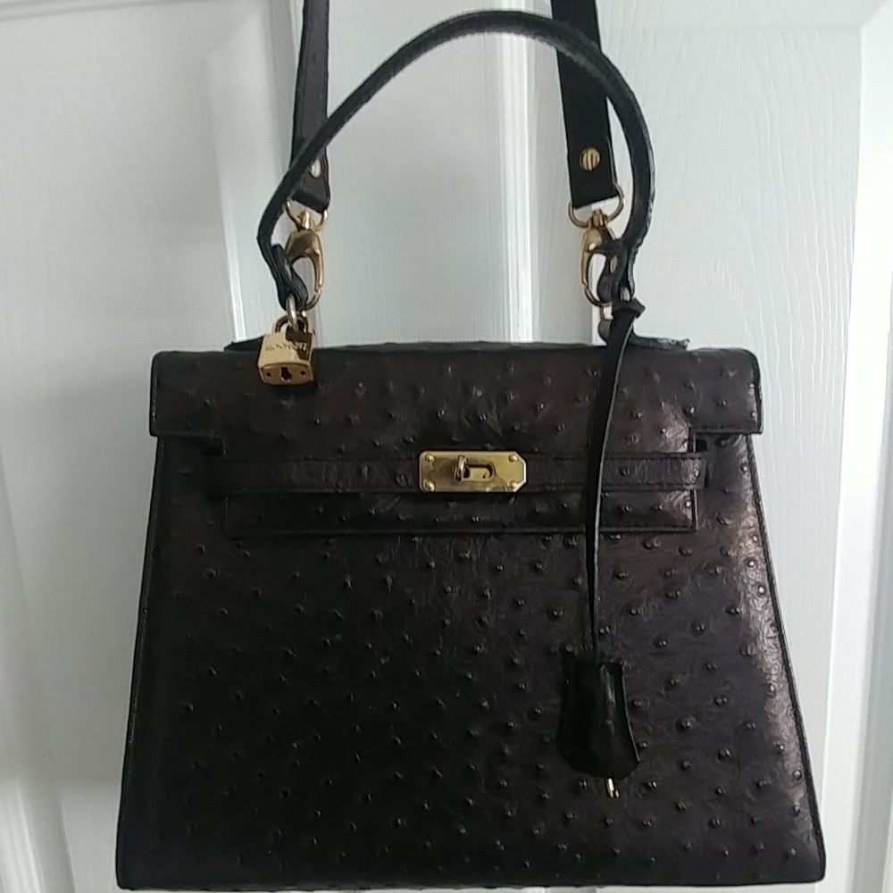 Francesco Rogani Black Ostrich Print Handbag